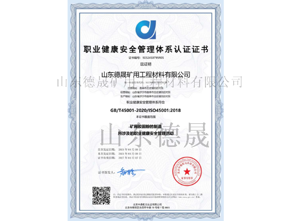 職業(yè)健康安全管理體系認證證書